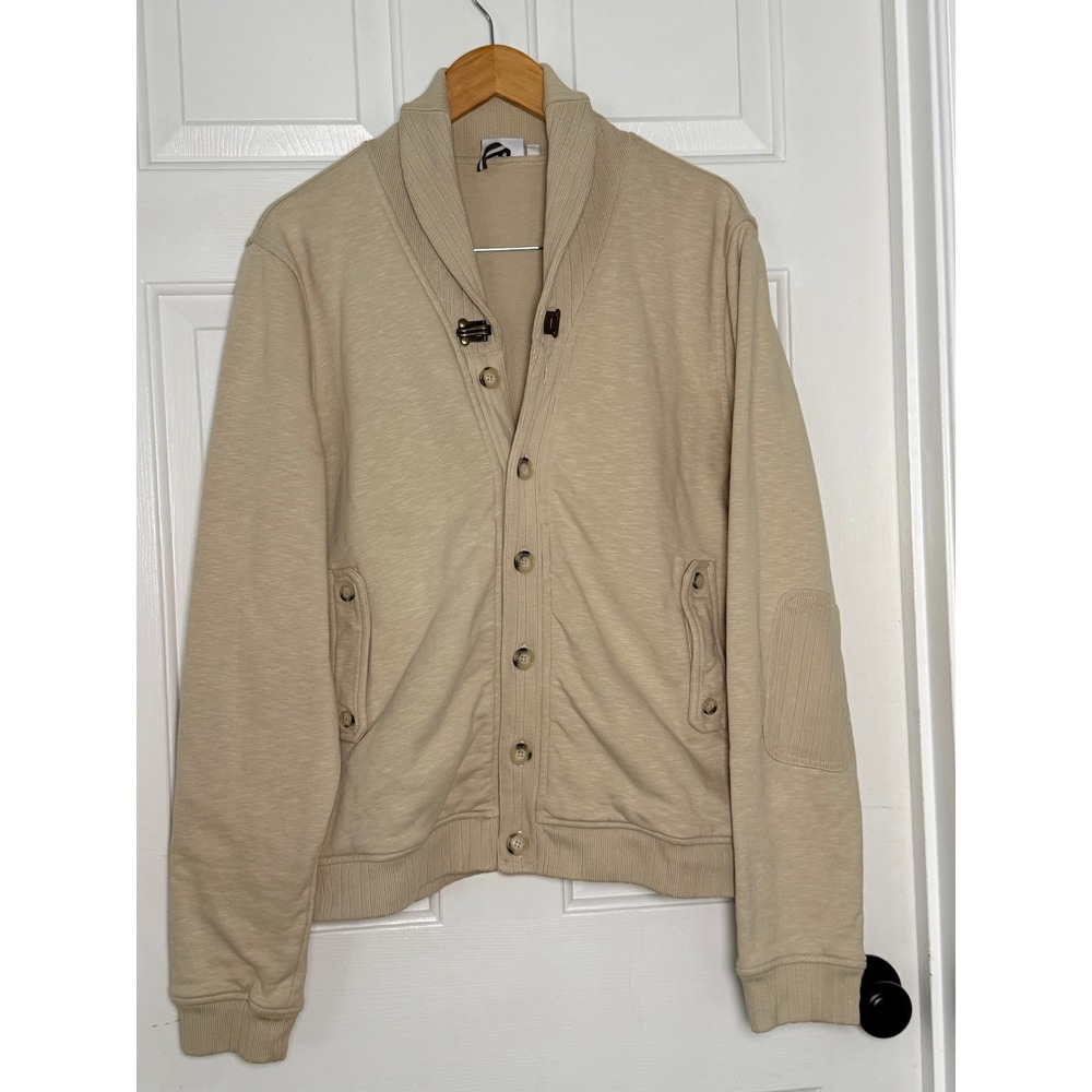 J.Lindeberg Mens Shawl Collar Cardigan Sweatshirt Tan Beige Elbow Patch XL